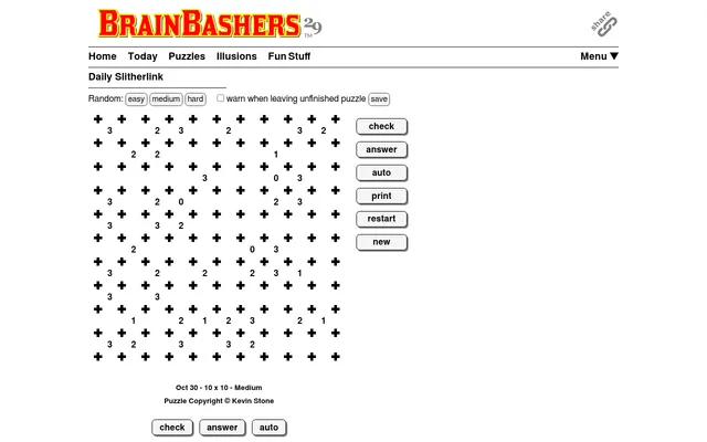 BrainBashers Slitherlink for 30 October 2026, 10x10 Medium: a grid of cross-shaped dots with clues 0 to 3 and the check, answer and auto buttons