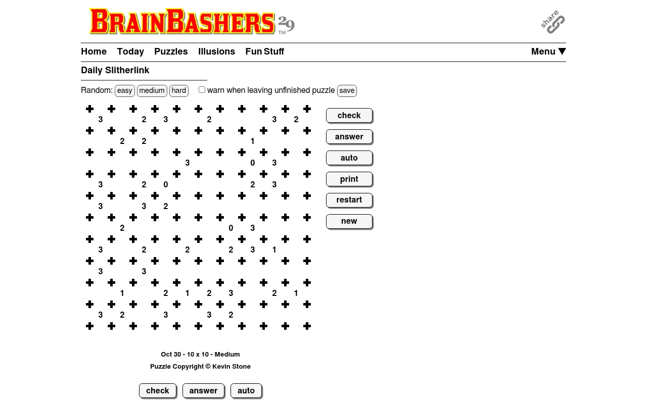 BrainBashers Slitherlink for 30 October 2026, 10x10 Medium: a grid of cross-shaped dots with clues 0 to 3 and the check, answer and auto buttons
