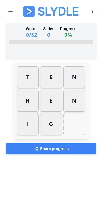 Slydle on a phone on Oct 28, 2026: the 3x3 letter board with the words, slides and progress counter above and a Share progress button below