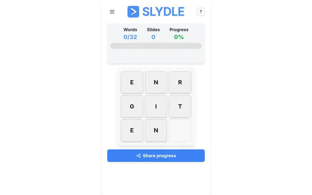 Today's Slydle board on Oct 28, 2026: the eight letters of ENTERING and an empty square on a 3x3 grid, under a counter of 0 of 32 words, 0 slides
