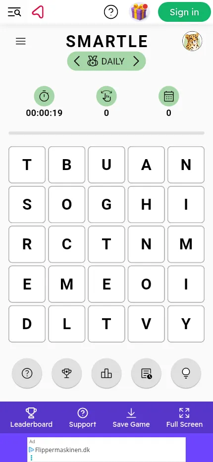 The same day's Smartle board at phone size: the 5x5 letter grid with timer, swap and streak counters above and the hint buttons below