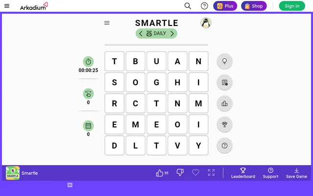 Today's Smartle board on Arkadium, 19 October 2026: a 5x5 grid of letter tiles in Daily mode with the timer and swap counter beside it