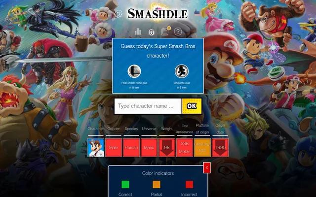 Smashdle Classic mode on 25 October 2026: a Dr. Mario guess compared with the hidden fighter in red and orange tiles, with weight and year arrows