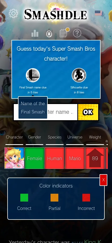 Smashdle Classic on a phone: a Peach guess with a green Female tile, red Human and Mario tiles and a weight arrow, the table scrolling sideways