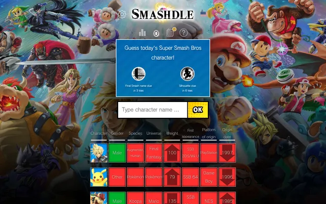 Smashdle Classic mode with three guesses (Cloud, Pikachu, Bowser) compared with the hidden fighter in green and red tiles, with weight and year arrows