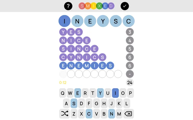 Smixed board for 19 October 2026: featured letters I N E Y S C over the words YES, NICE, SINCE, CYNICS and ENEMIES, scoring 24 with the eight-letter row still empty