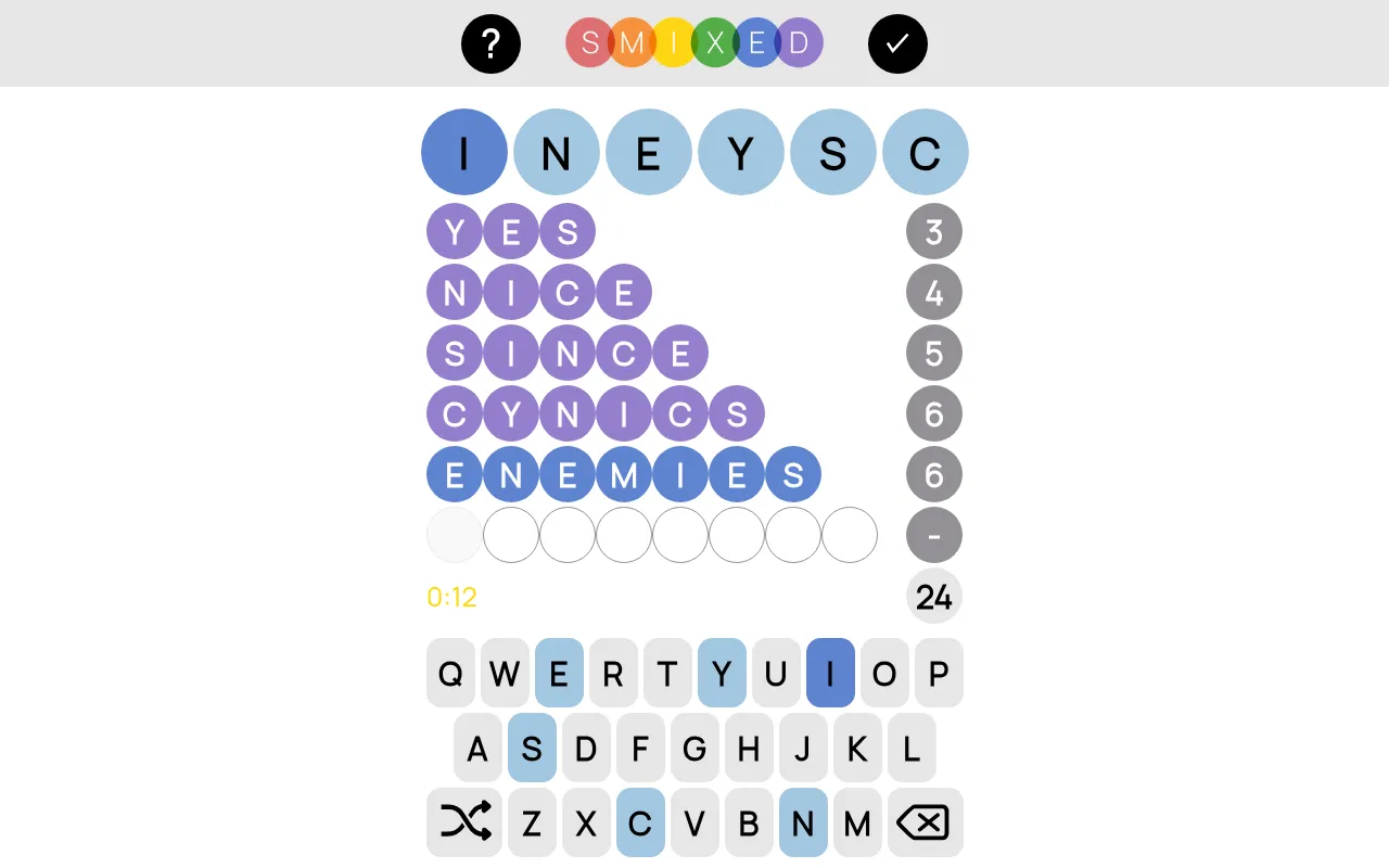 Smixed board for 19 October 2026: featured letters I N E Y S C over the words YES, NICE, SINCE, CYNICS and ENEMIES, scoring 24 with the eight-letter row still empty