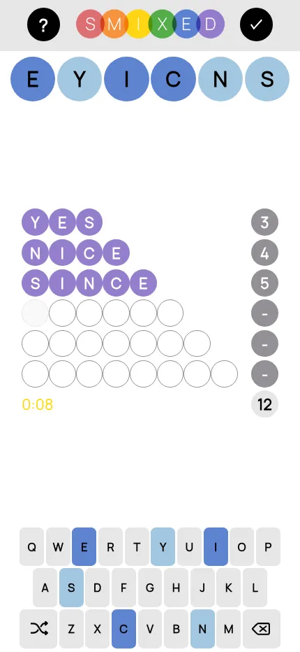 Smixed at phone size: the featured letters E Y I C N S, three rows filled with YES, NICE and SINCE, and the on-screen keyboard