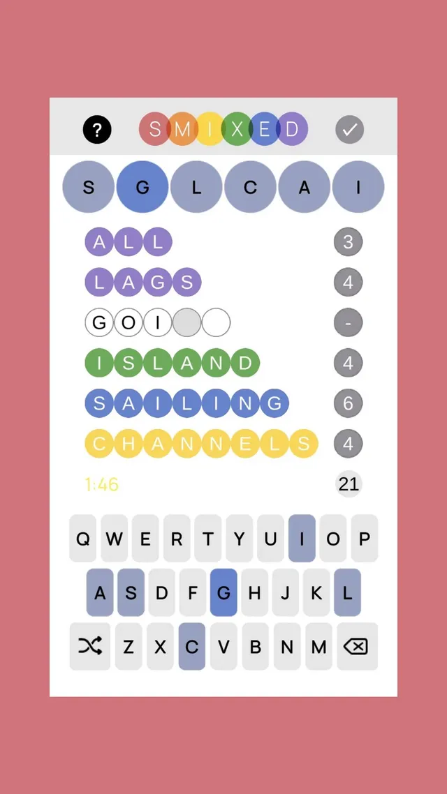 Smixed game with featured letters S G L C A I and words such as LAGS, ISLAND, SAILING and CHANNELS scored on the right