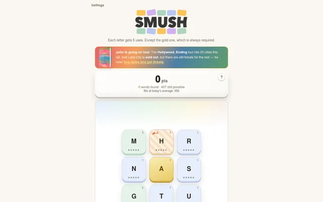 Today's Smush board: letter tiles with use counts and the gold letter A in the middle, 0 points and 407 possible