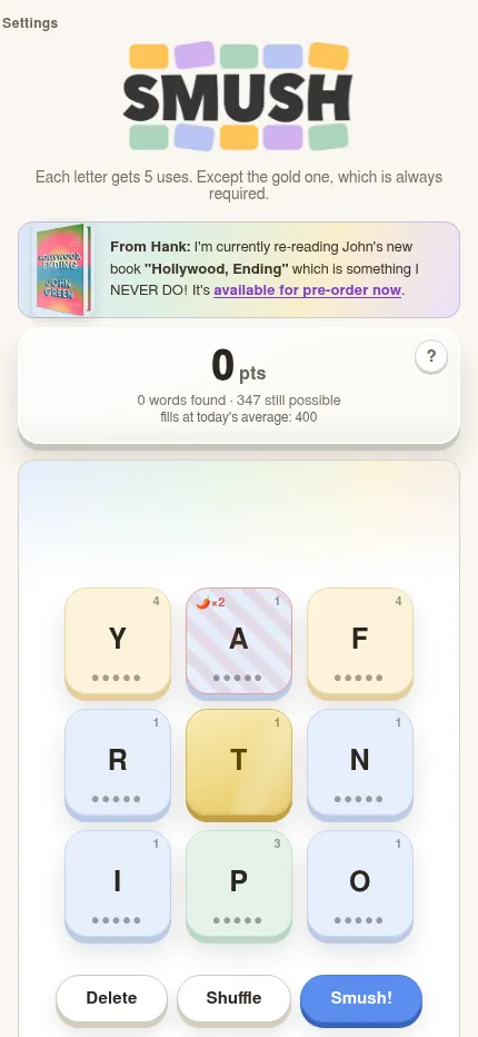 Smush on a phone: the same day's three by three board with the gold T in the centre and the Delete, Shuffle and Smush buttons below