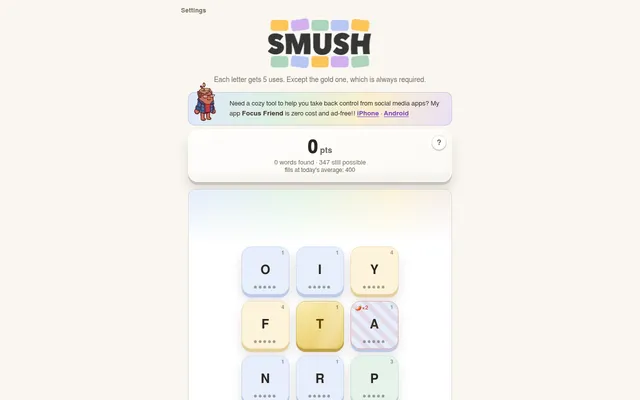 Today's Smush board on a desktop: nine letter tiles with use dots around the gold centre letter T, the spicy A doubled, 0 points and 347 words still possible