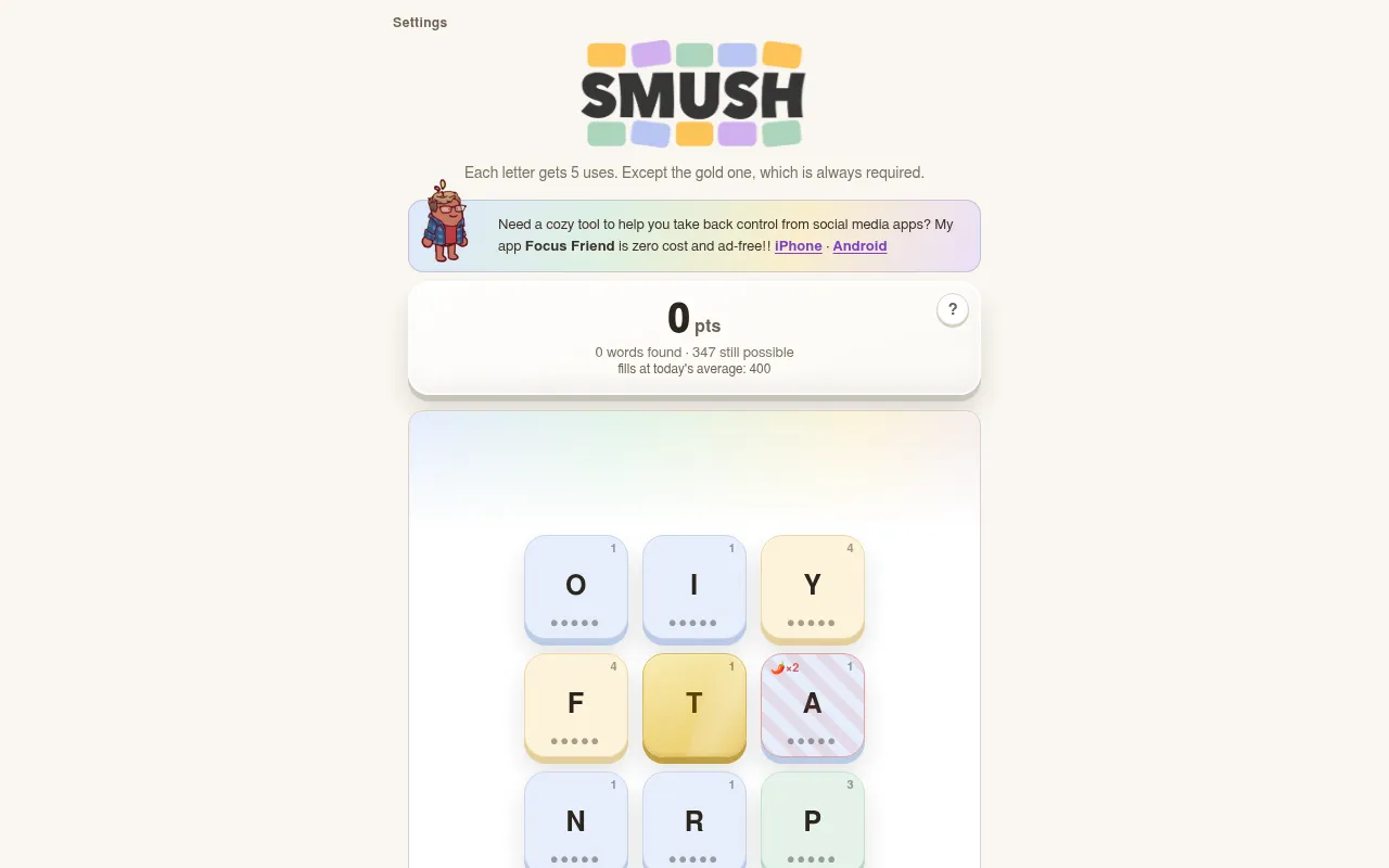 Today's Smush board on a desktop: nine letter tiles with use dots around the gold centre letter T, the spicy A doubled, 0 points and 347 words still possible