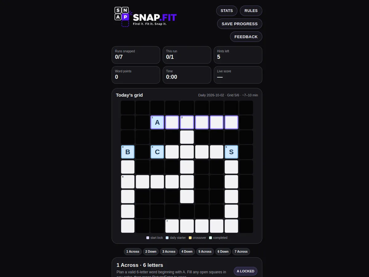 SNAP.FIT daily grid for 2026-10-02 showing seven interlocking word slots with locked starting letters A, B, C and S