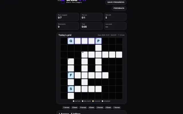 SNAP.FIT daily grid for 2026-10-21 (Grid 6/6): seven crossing word slots with given first letters G, P, F and S, before play
