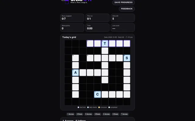SNAP.FIT daily grid for 2026-10-05: seven numbered word slots crossing in a dark grid, with starter letters T, S, A and C and counters for runs snapped, hints and time