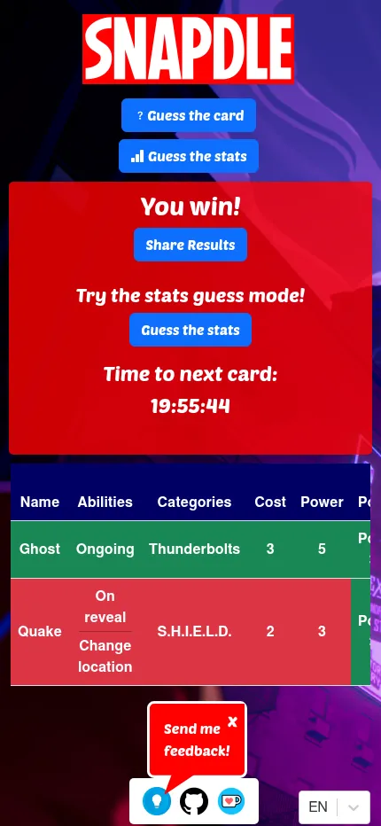 Snapdle at phone size after finding the day's card: a You win box with a countdown to the next card above the guess table