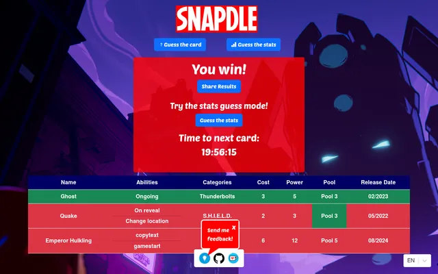 Snapdle's Guess the card board after three guesses: Emperor Hulkling and Quake in red rows, Ghost in green, with columns for abilities, categories, cost, power, pool and release date