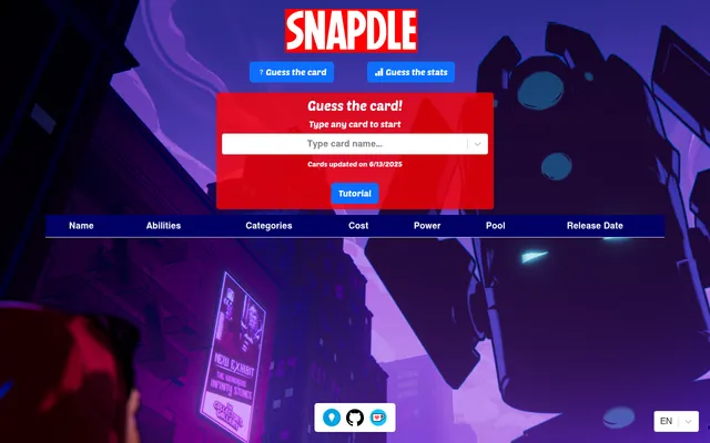 The Snapdle Guess the card screen over a purple Marvel city backdrop: a red panel with a Type card name box and Cards updated on 6/13/2025, a Tutorial button and an empty table with columns Name, Abil