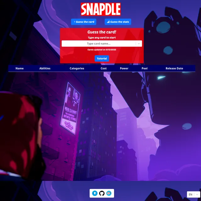 The Snapdle Guess the card screen over a purple Marvel city backdrop: a red panel with a Type card name box and 'Cards updated on 6/13/2025', a Tutorial button and an empty table with columns Name, Ab