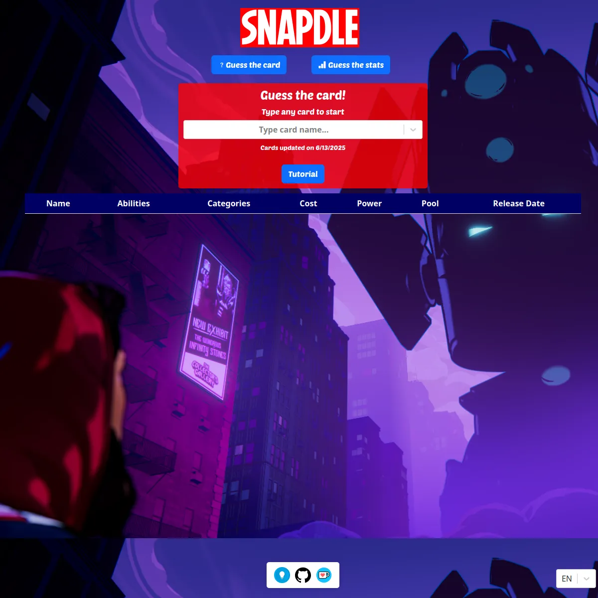 The Snapdle Guess the card screen over a purple Marvel city backdrop: a red panel with a Type card name box and 'Cards updated on 6/13/2025', a Tutorial button and an empty table with columns Name, Ab