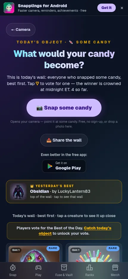 Snapplings daily page at phone size: today's object some candy, the Snap button, yesterday's winner Obsidian and the top of the wall