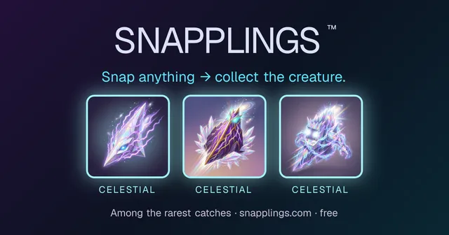 Snapplings share art: three Celestial-rarity crystal creatures under the line Snap anything, collect the creature