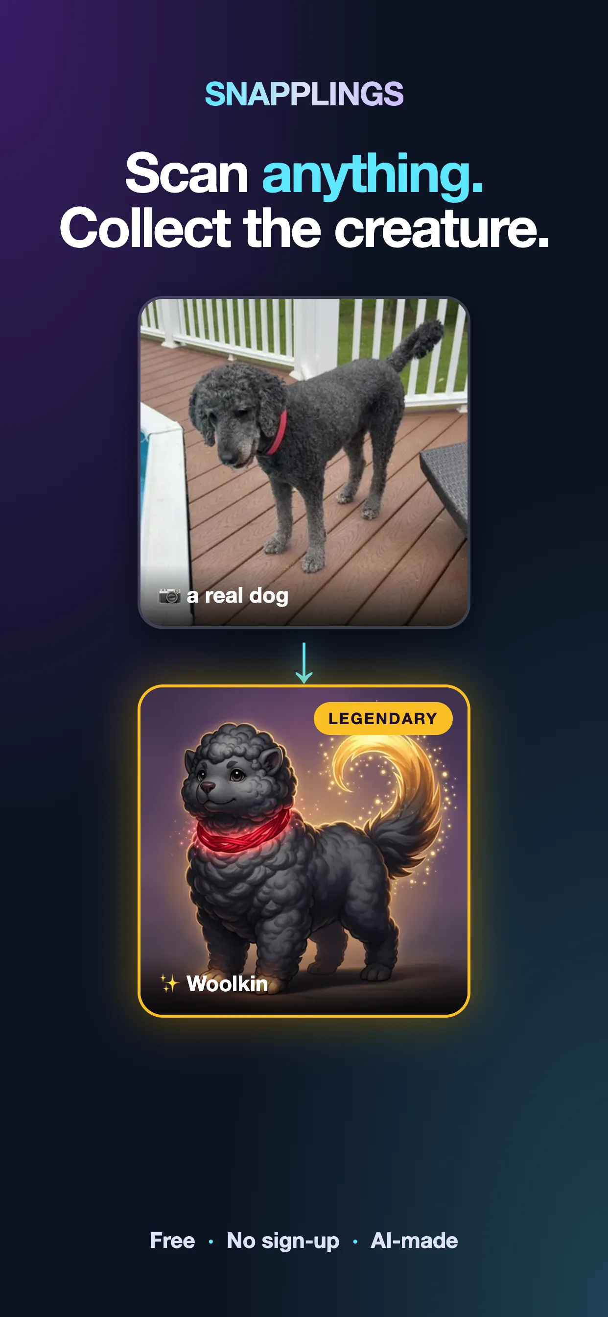 Snapplings App Store screenshot: a photo of a real poodle turned into Woolkin, a Legendary woolly creature