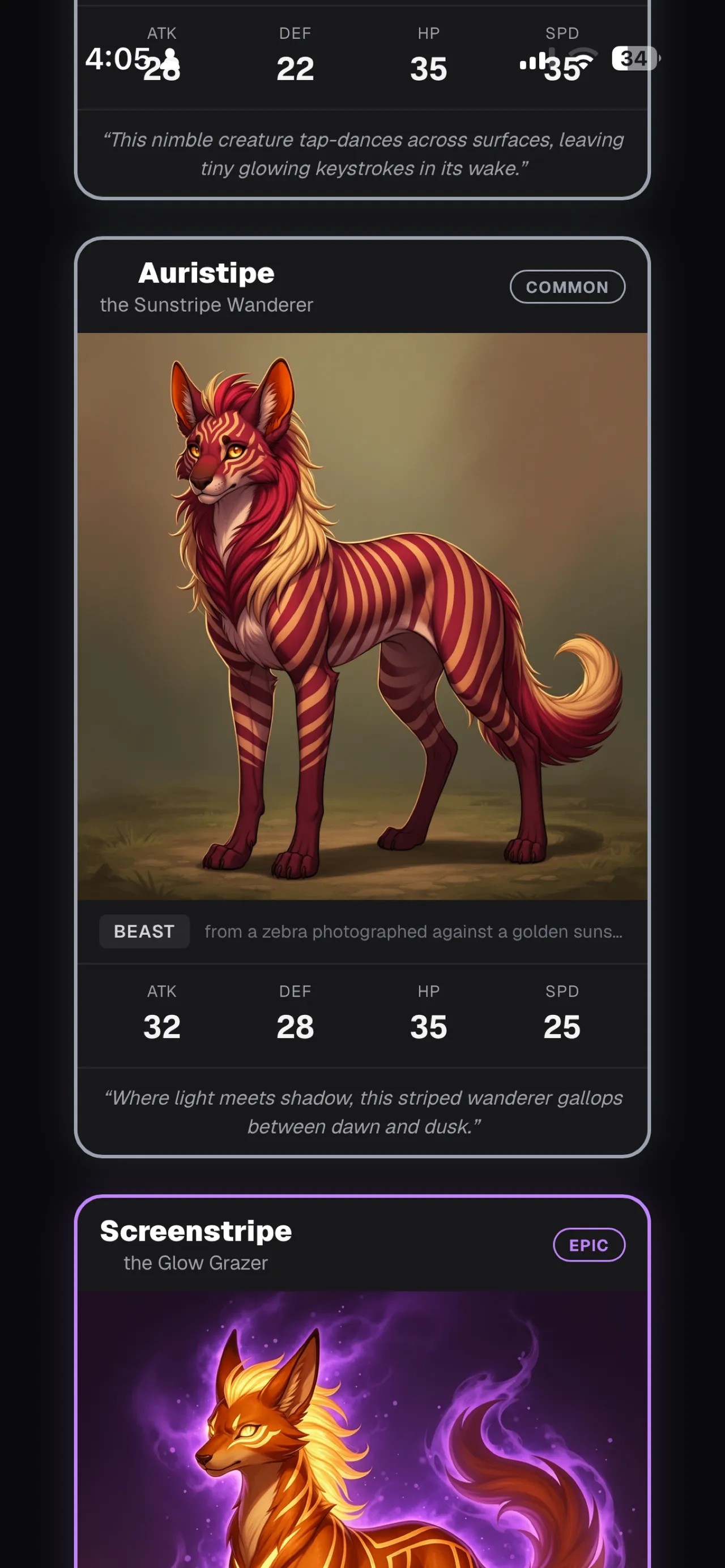Snapplings creature cards in the app: Auristipe, a striped beast made from a zebra photo, with its attack, defence, HP and speed stats