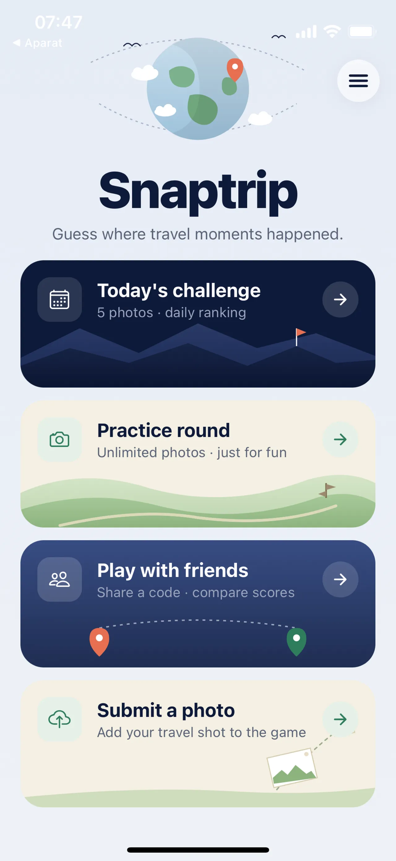 Snaptrip home screen with Today's challenge (5 photos, daily ranking), Practice round, Play with friends and Submit a photo