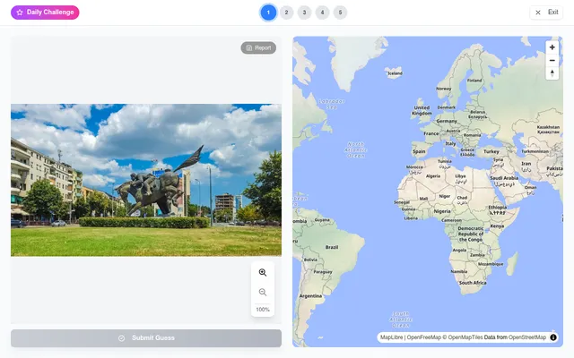 Today's Snaptrip daily, photo 1 of 5: a bronze horseman statue on a city roundabout beside a world map waiting for a pin, with a Submit Guess button