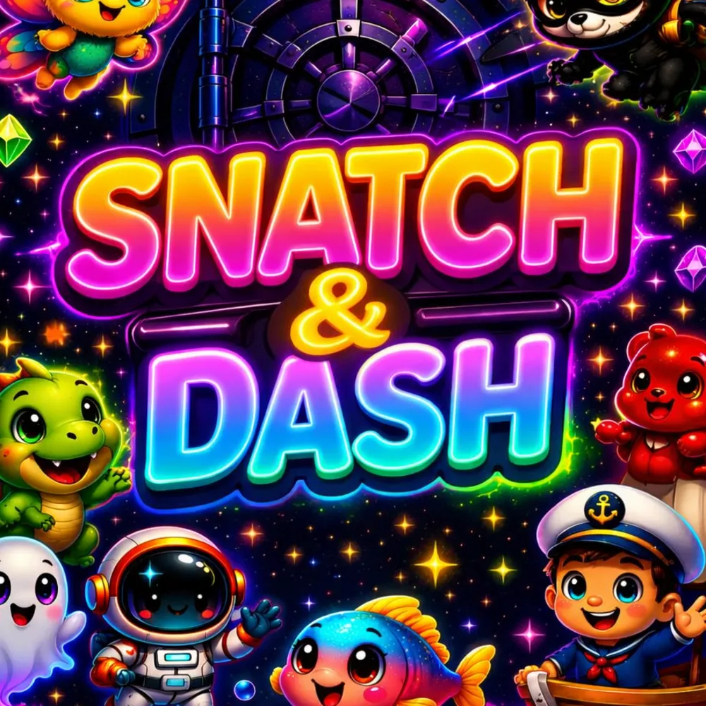 Snatch & Dash cover art: the neon title surrounded by the game's cartoon characters