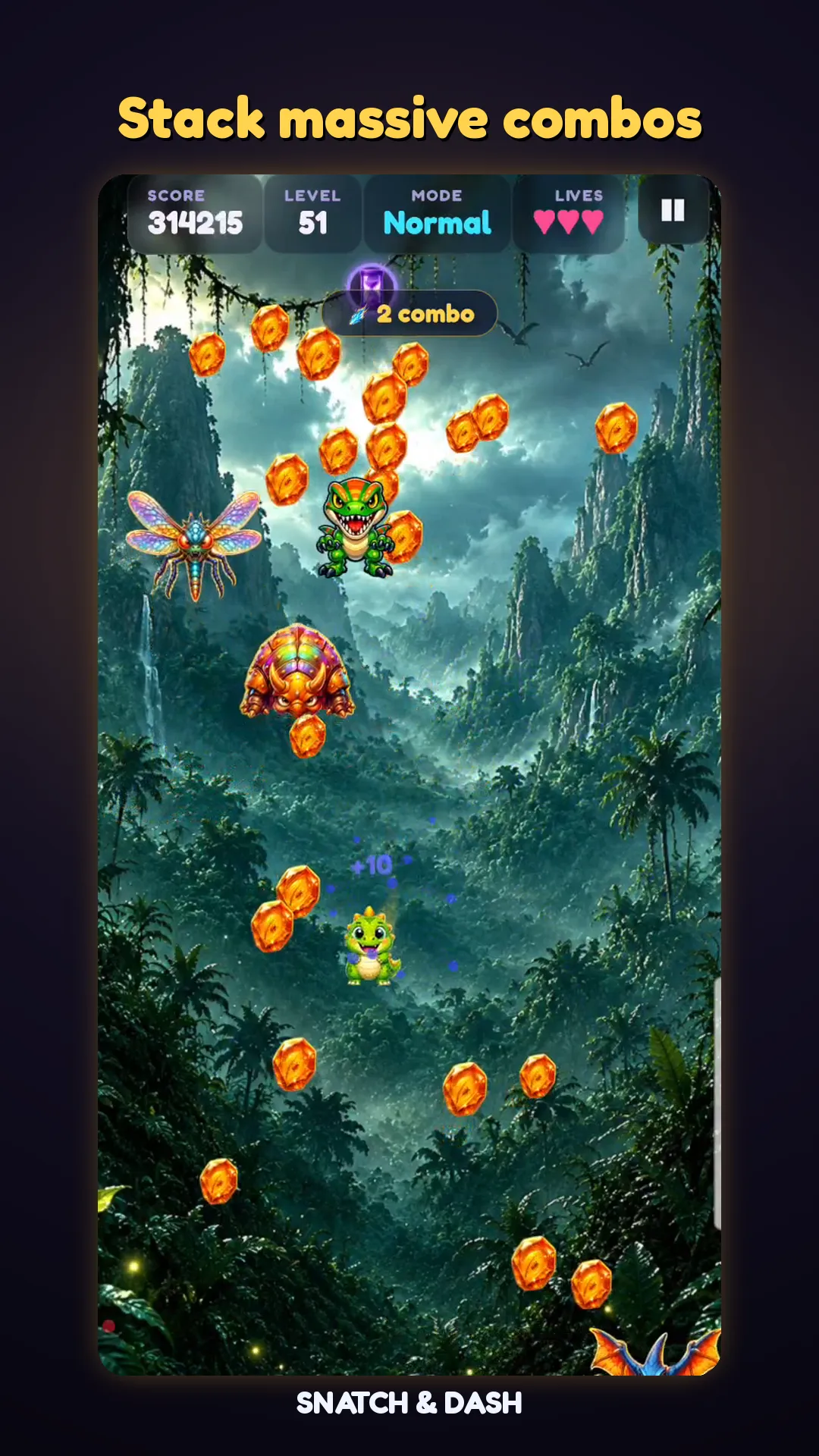 A Snatch & Dash jungle level with a stack of orange jewels and a combo counter