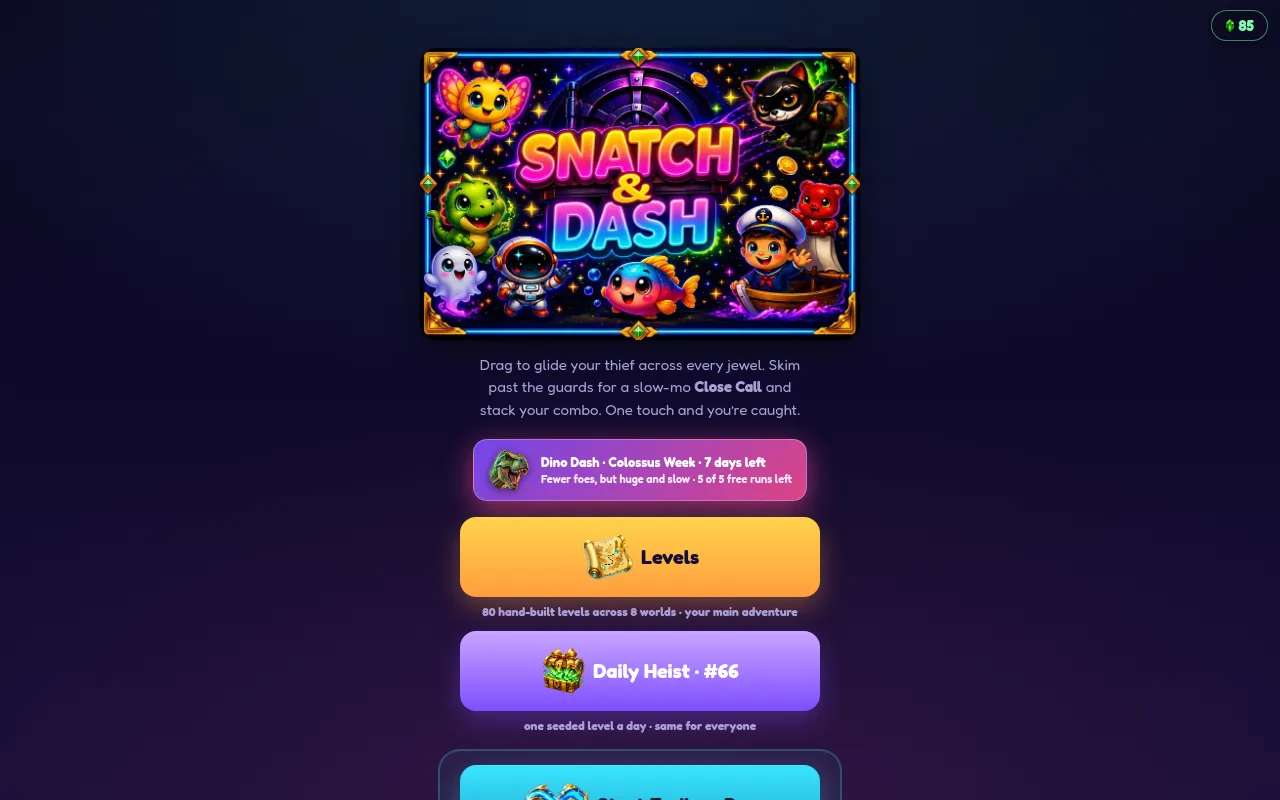 The Snatch & Dash start screen with its title art, a weekly event, the Levels button and the Daily Heist #66 button, one seeded level a day, same for everyone