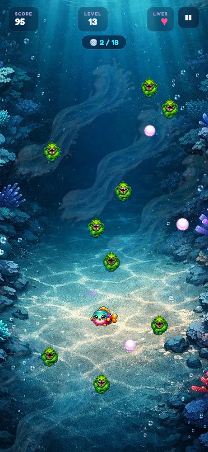 Snatch & Dash Daily #83 (22 October 2026), The Eel Pit: the fish thief on a coral-reef seabed among green eels, with pearls to collect, 2 of 18 taken, on a phone