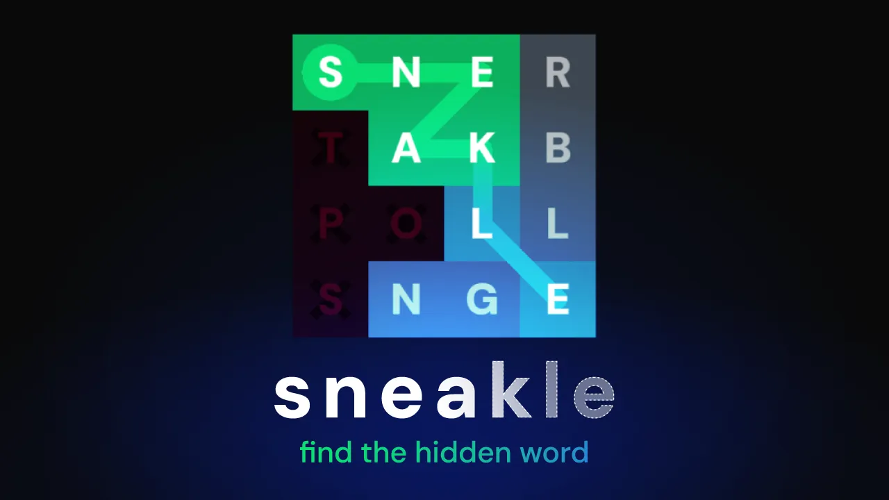 Sneakle splash: a 4x4 letter grid with the word SNEAKLE traced across green and blue tiles and crossed-out letters, above the title and 'find the hidden word'