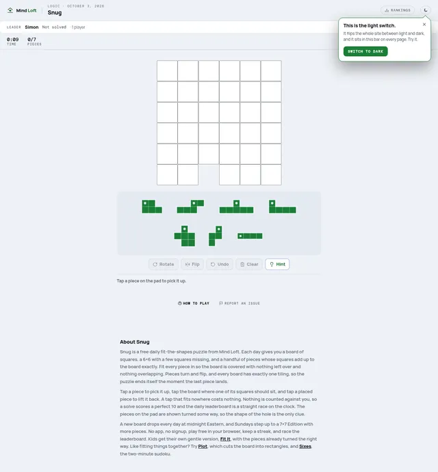 Snug on Mind Loft for October 3, 2026: an empty 6x6 board with one square missing from the bottom row, and seven green polyomino pieces on the pad below with Rotate, Flip, Undo, Clear and Hint buttons