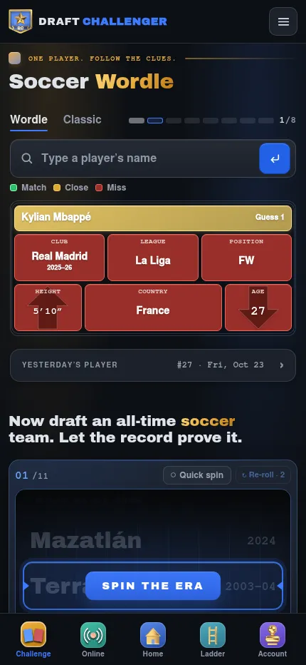 Soccer Wordle at phone size with one guess, Kylian Mbappé, shown as a card of club, league, position, height, country and age tiles
