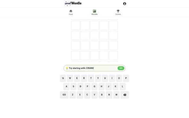 The Social Wordle board: an empty grid of five-letter rows under Feed, Wordle and Scores tabs, a tip to try starting with CRANE, and an on-screen keyboard