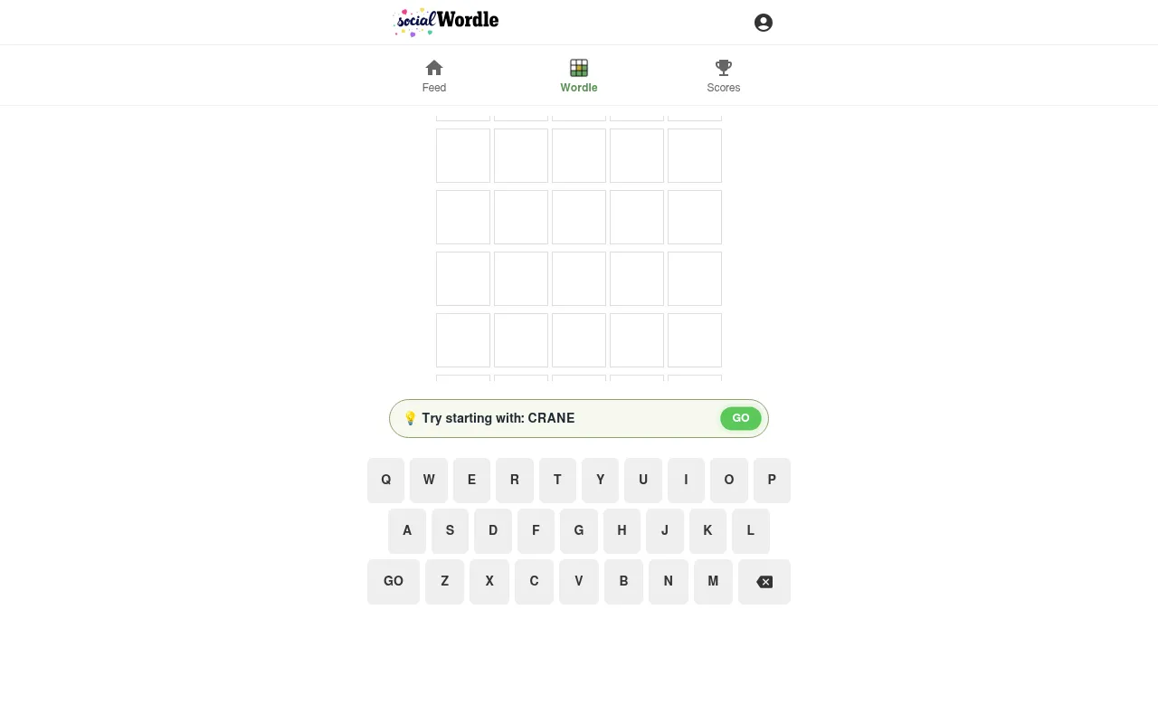 The Social Wordle board: an empty grid of five-letter rows under Feed, Wordle and Scores tabs, a tip to try starting with CRANE, and an on-screen keyboard