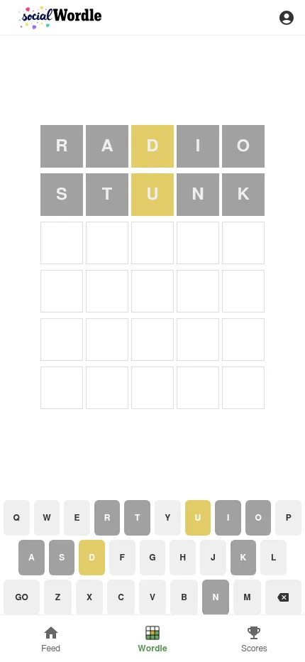 Social Wordle on a phone: two guesses, RADIO and STUNK, with D and U in yellow, above the on-screen keyboard