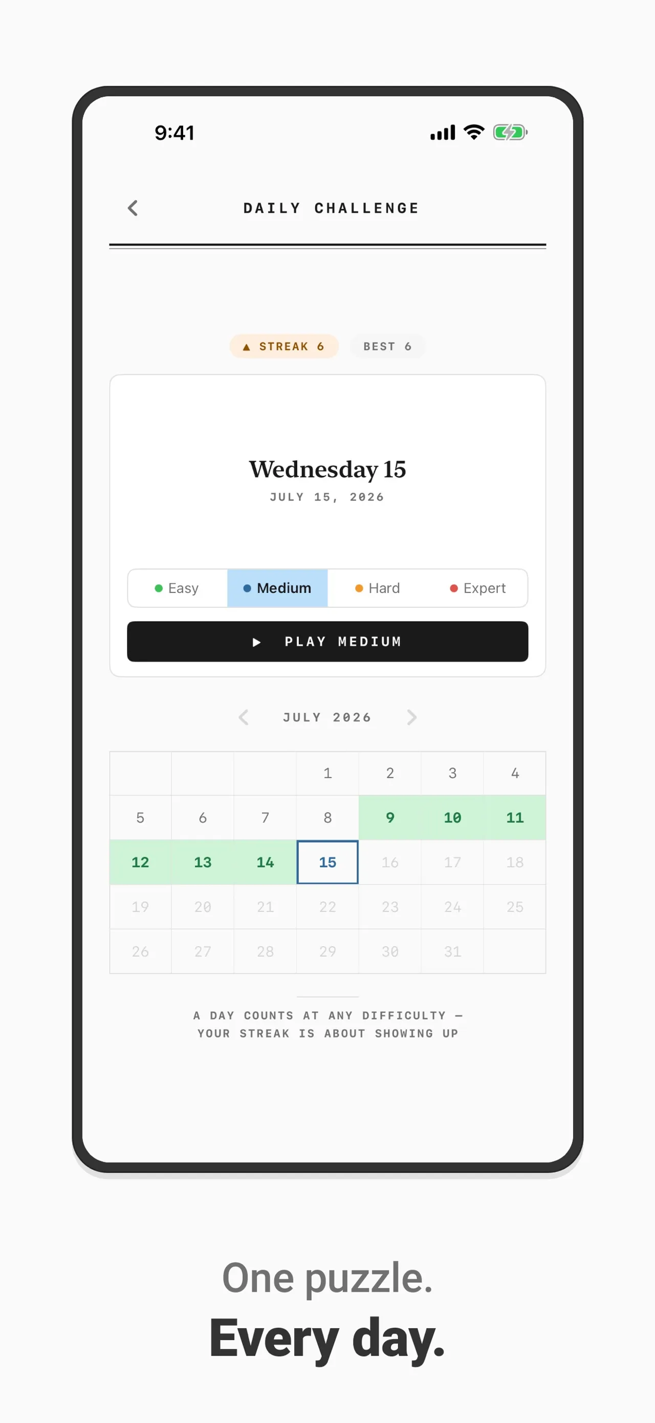 Solid Sudoku Daily Challenge screen for Wednesday July 15 2026 with Easy, Medium, Hard and Expert choices, a streak of 6 and a calendar of solved days