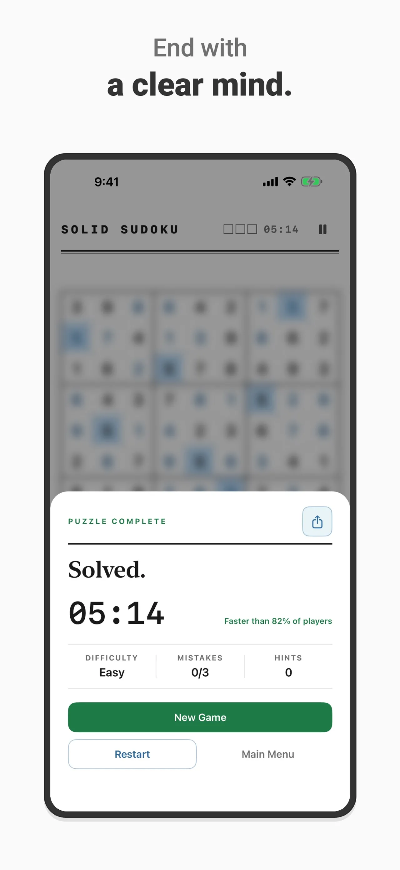 Solid Sudoku puzzle complete card: solved in 05:14 on Easy with no mistakes or hints, faster than 82% of players