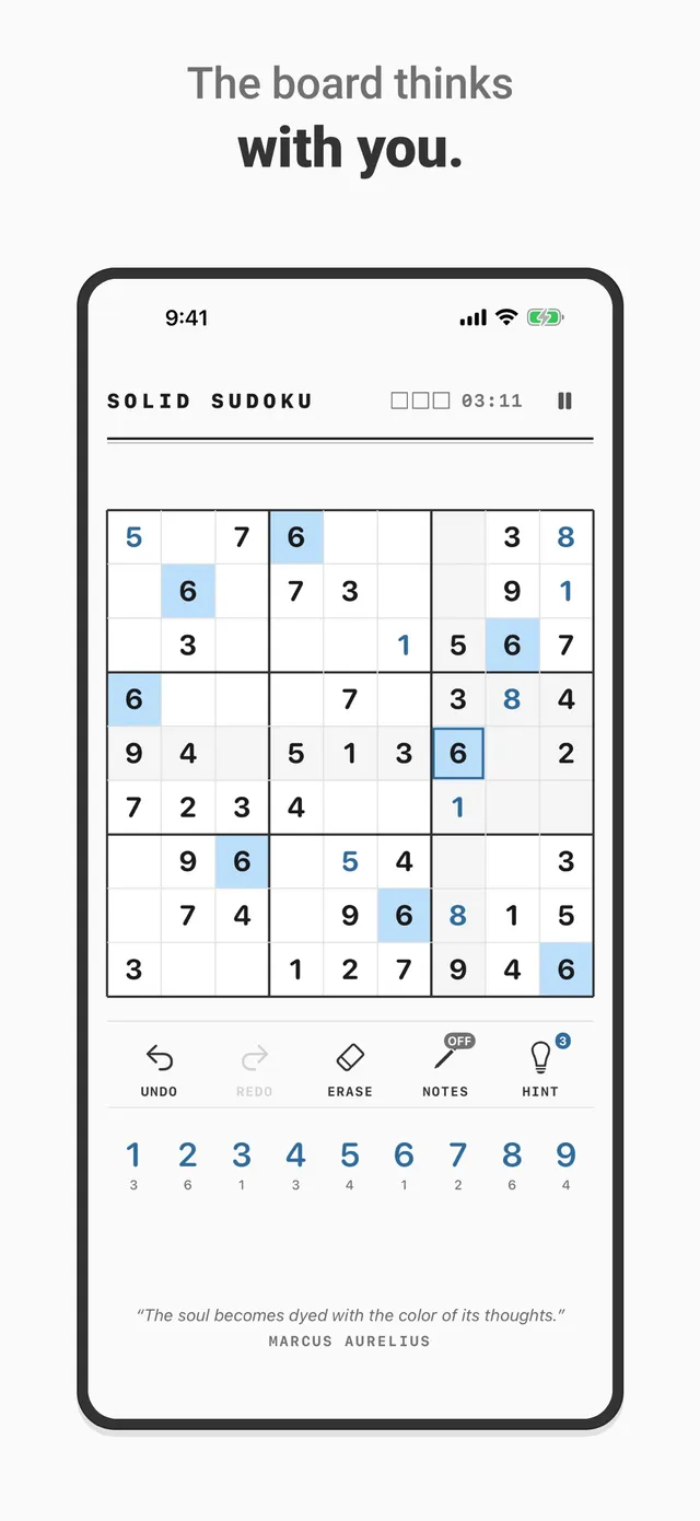 Solid Sudoku 9x9 board in play with the 6s highlighted, undo, erase, notes and hint buttons, and a number pad showing how many of each digit are left