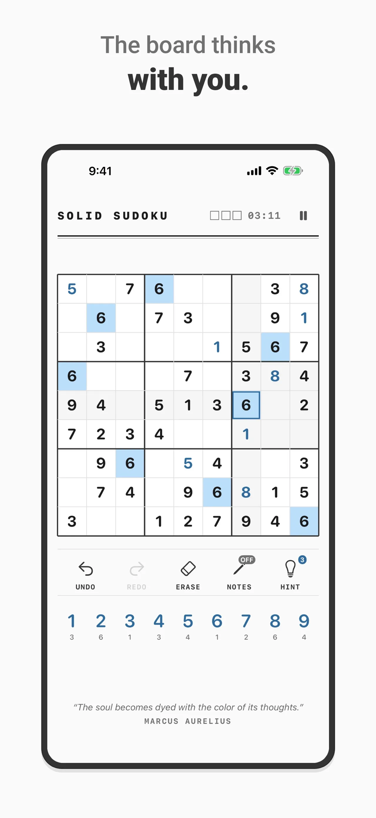 Solid Sudoku 9x9 board in play with the 6s highlighted, undo, erase, notes and hint buttons, and a number pad showing how many of each digit are left