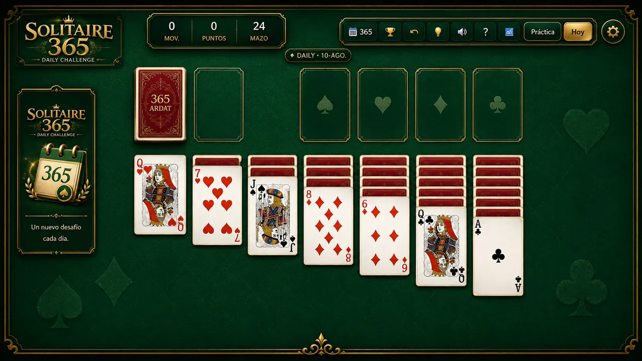 Solitaire 365 daily deal on a decorated green table with a side panel showing the 365 calendar logo