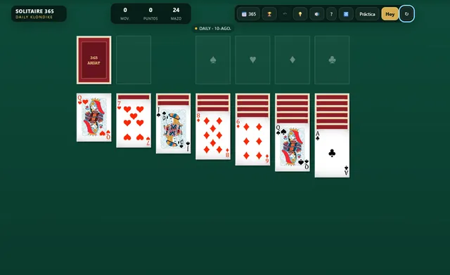 Solitaire 365 table for the 10 August daily deal: seven Klondike columns, stock, four empty foundations and the top bar with moves, points and cards left