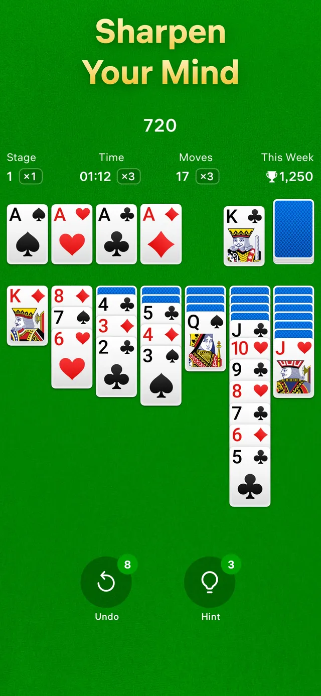 Easybrain Solitaire: a Klondike game in progress on green felt, four aces on the foundations and tableau columns below, with stage, time, moves and weekly score at the top