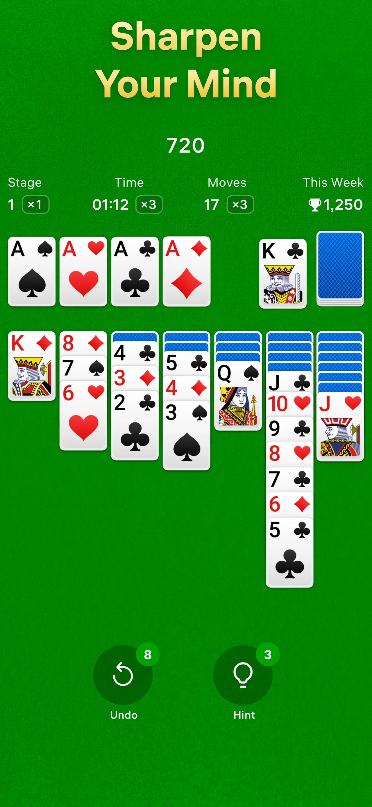 Easybrain Solitaire: a Klondike game in progress on green felt, four aces on the foundations and tableau columns below, with stage, time, moves and weekly score at the top