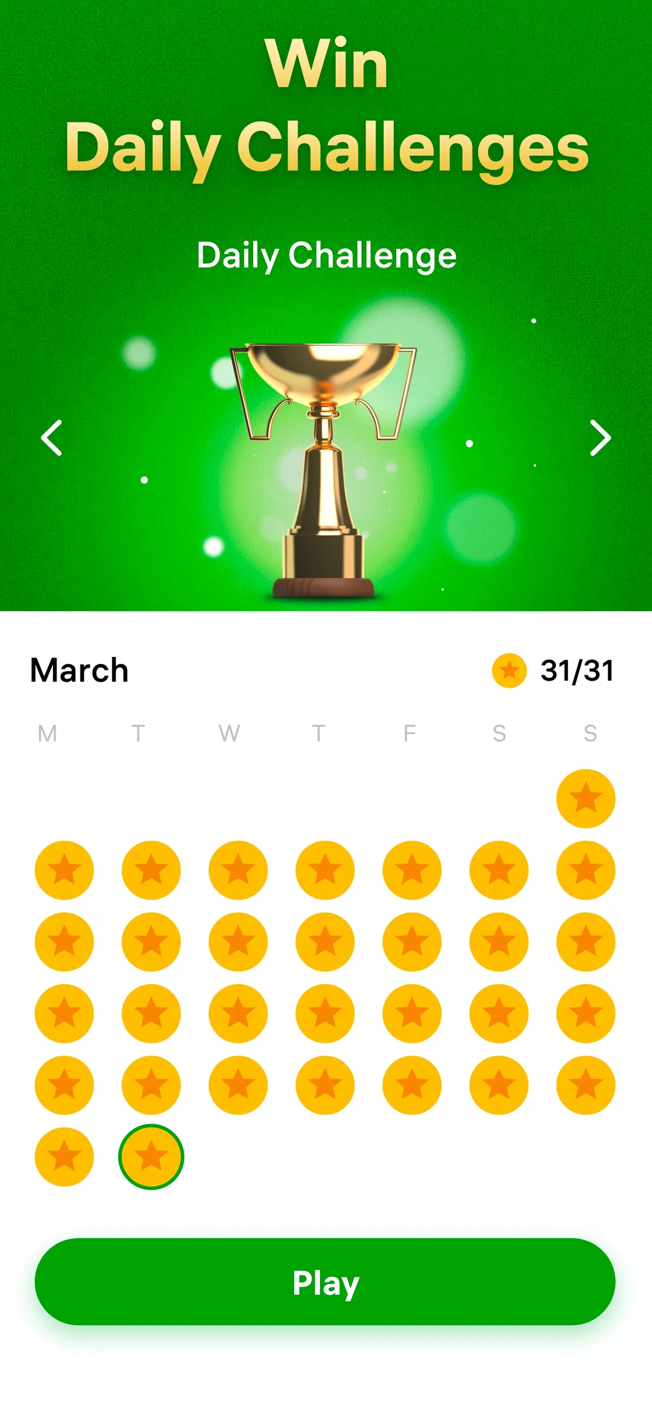 Easybrain Solitaire's Daily Challenge screen: a March calendar with a gold crown coin on all 31 days, a trophy and a Play button